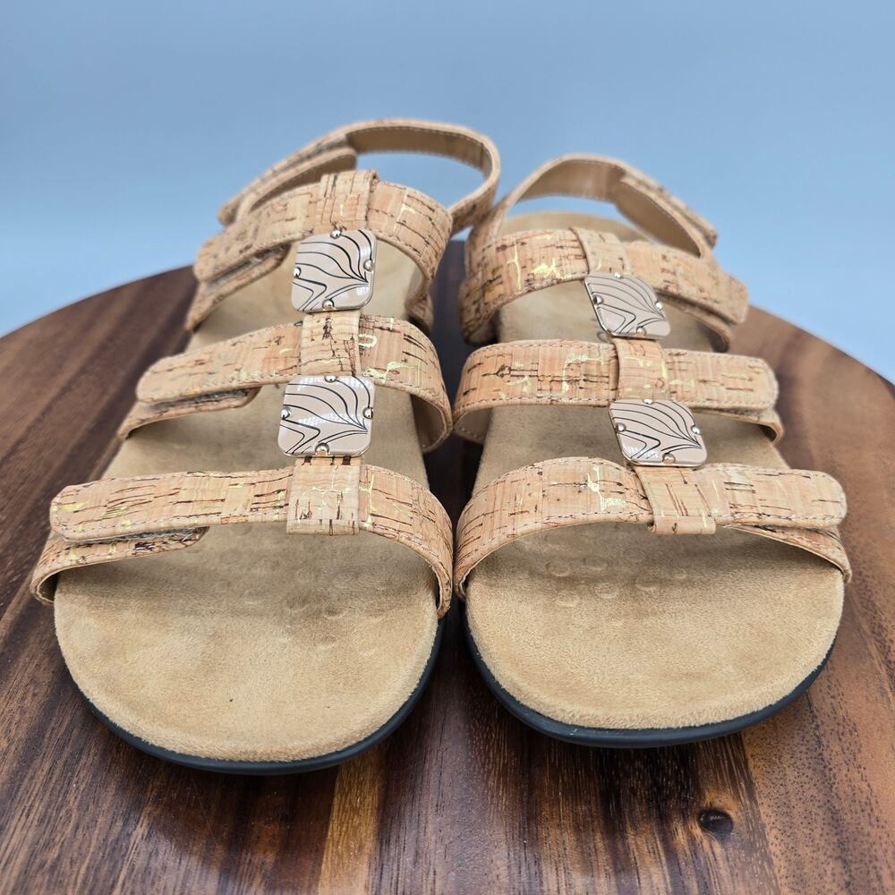 Vionic Amber Sandals Womens 8 Wide Gold Cork Orthotic Adjustable T Strap Comfort - Picture 2 of 7